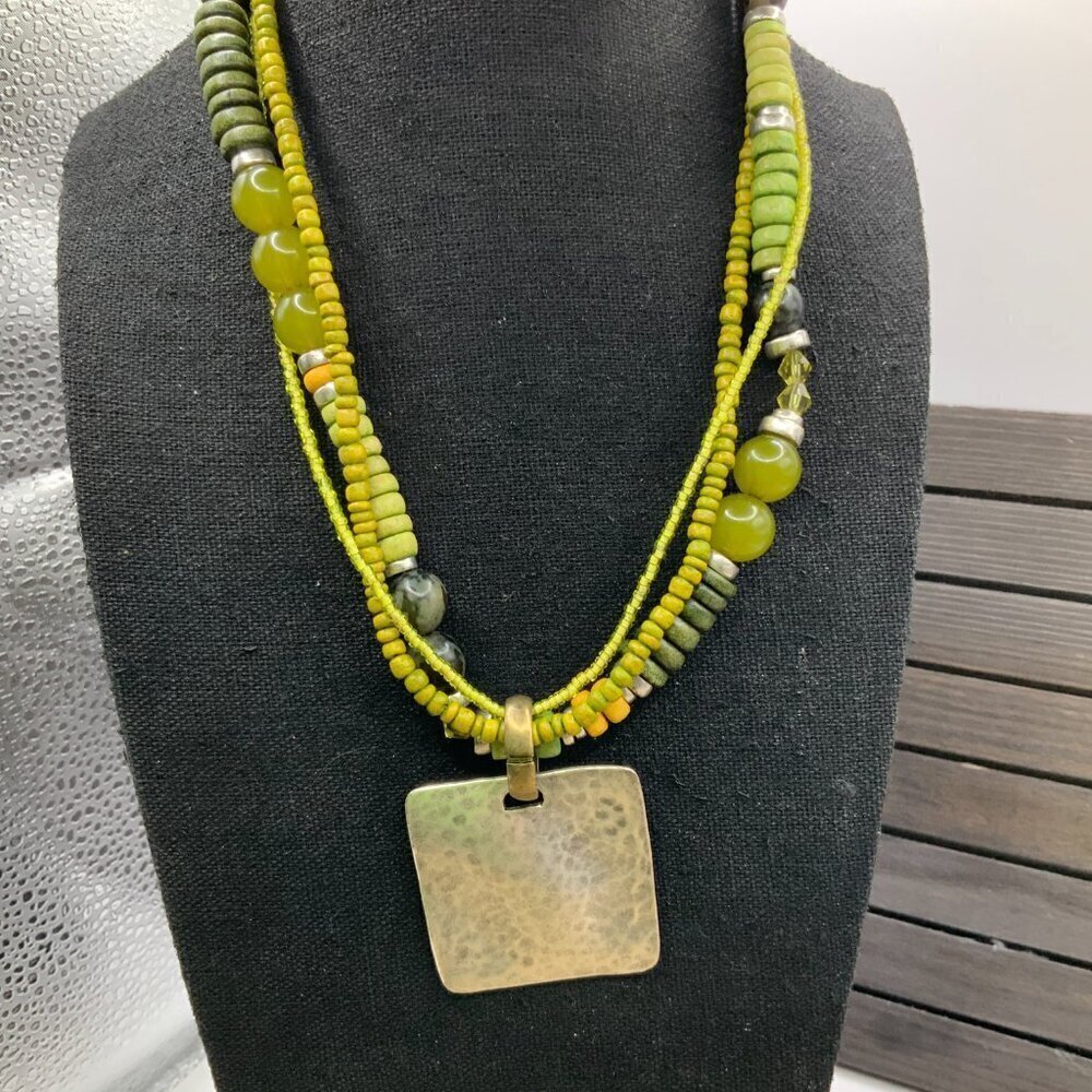 Chico's Green Tone Wooden BOHO Glass Beads Silver Tone Pendant Necklace - Picture 5 of 9